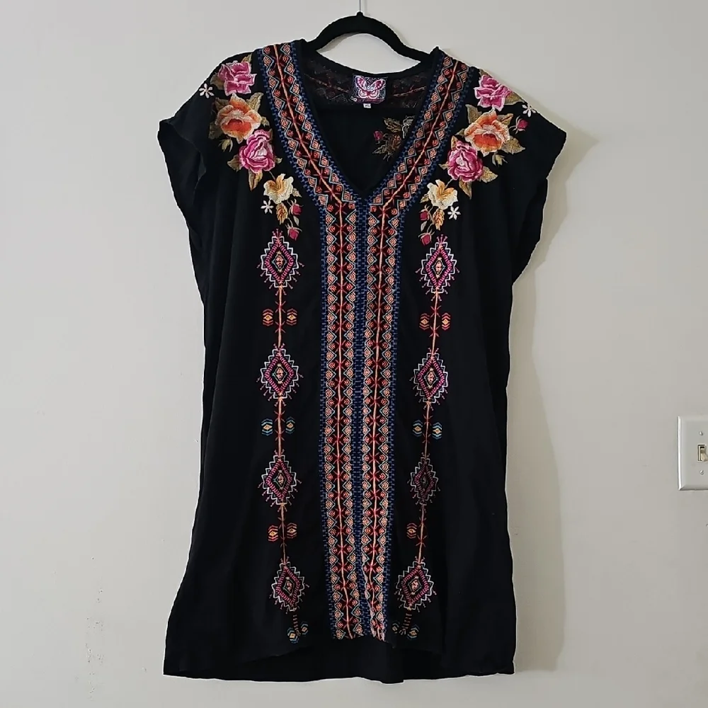 Johnny Was Black Tunic with Colorful Embroidery - Picture 1 of 3